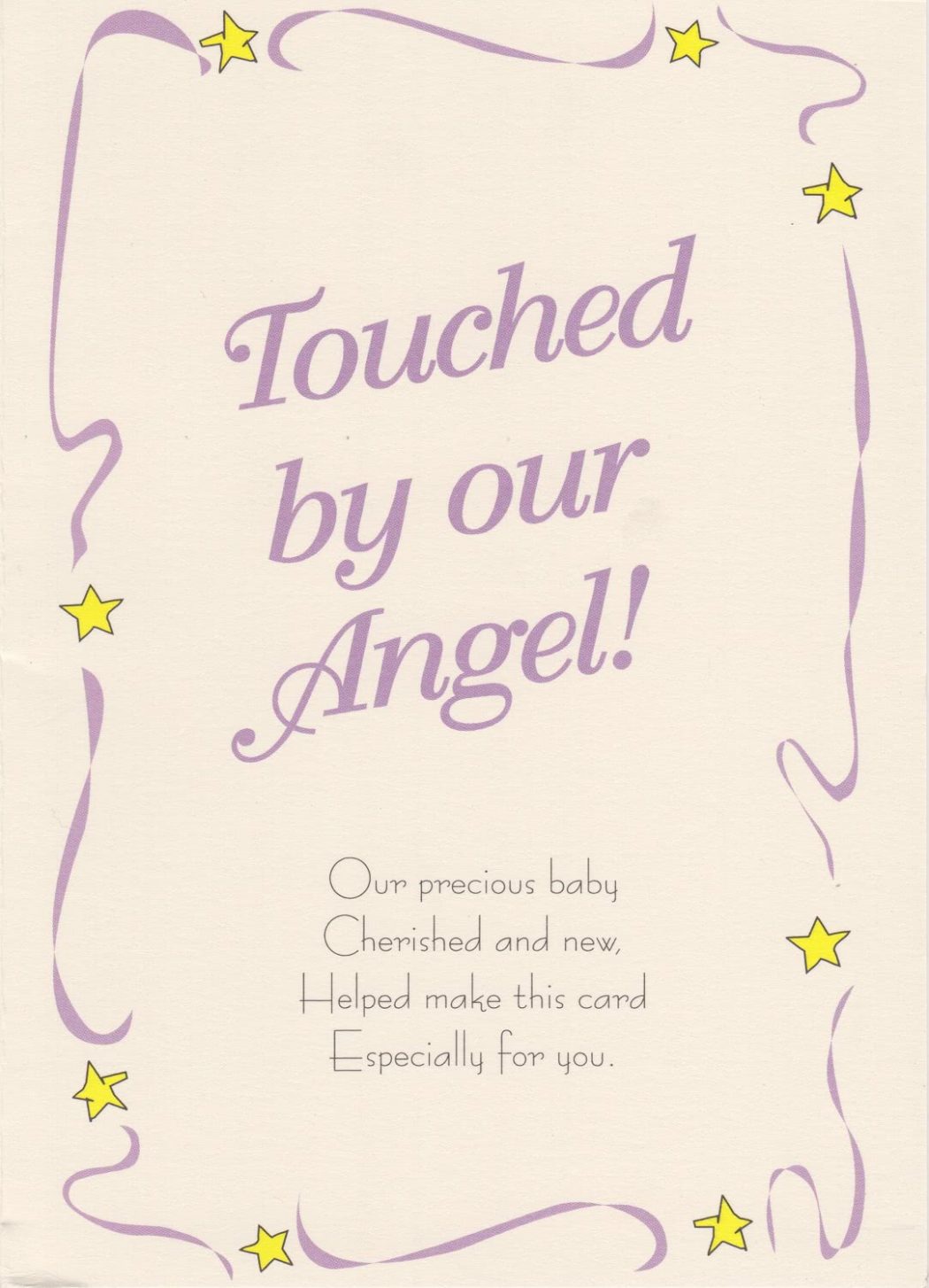 The front of Imp Prints Co keepsakes for parents Angel Birth Announcement Card. Inside a whimsical purple border with yellow stars, it says "Touched by our Angel!" Underneath is a poem "Our precious baby, Cherished and new, Helped make this card, Especially for you.