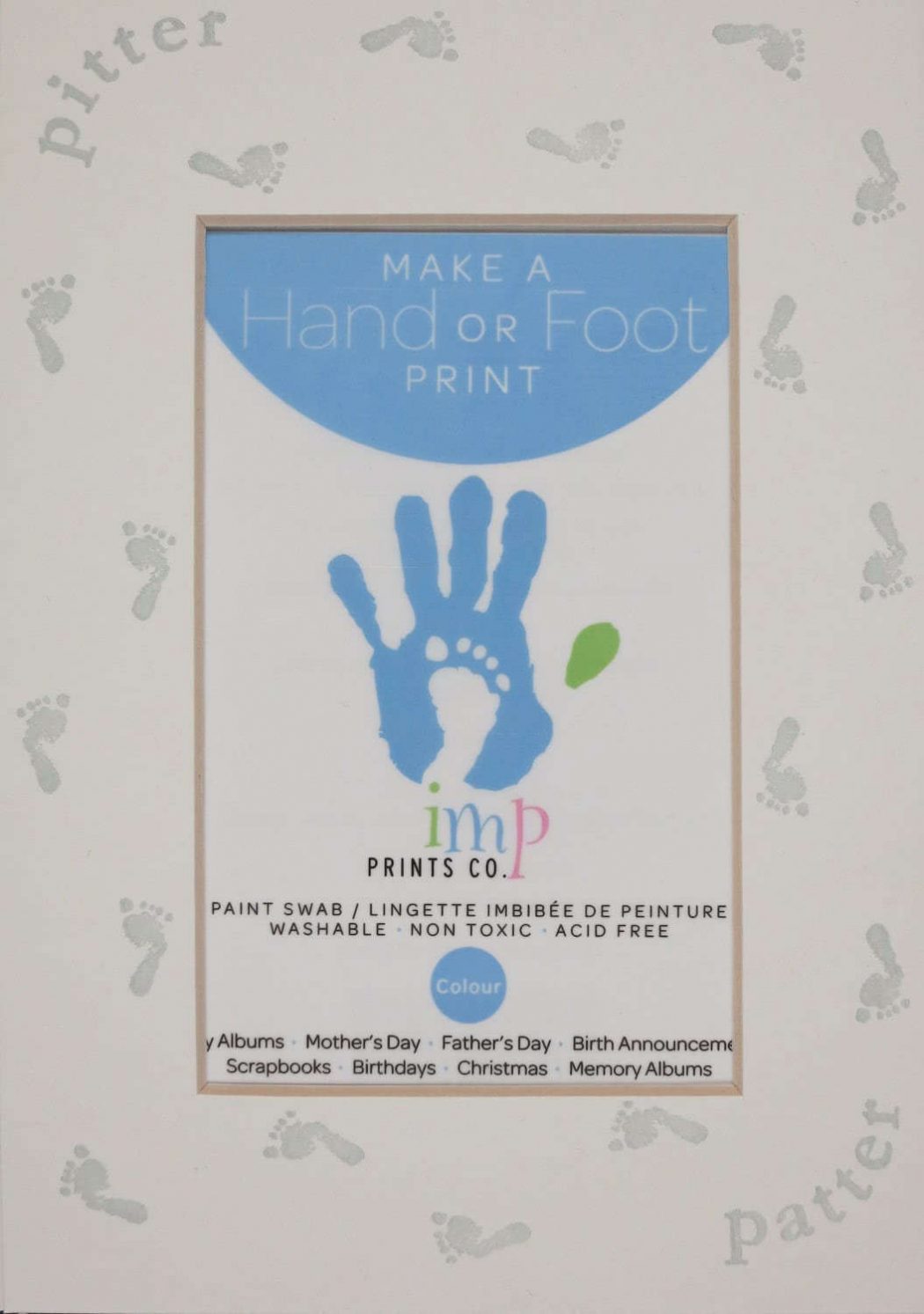 Imp Prints Co keepsakes for parents Footprint Matt, Printed with little footprints around the opening, including the included blue paint swab