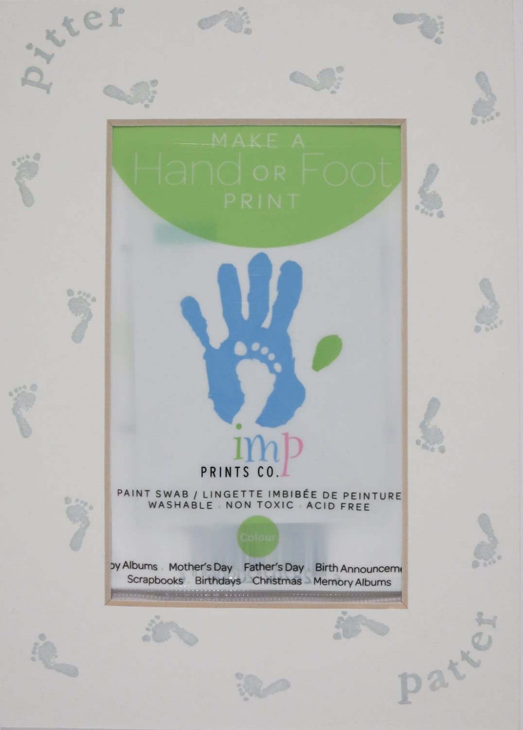 Imp Prints Co keepsakes for parents Footprint Matt, Printed with little footprints around the opening, including the included green paint swab