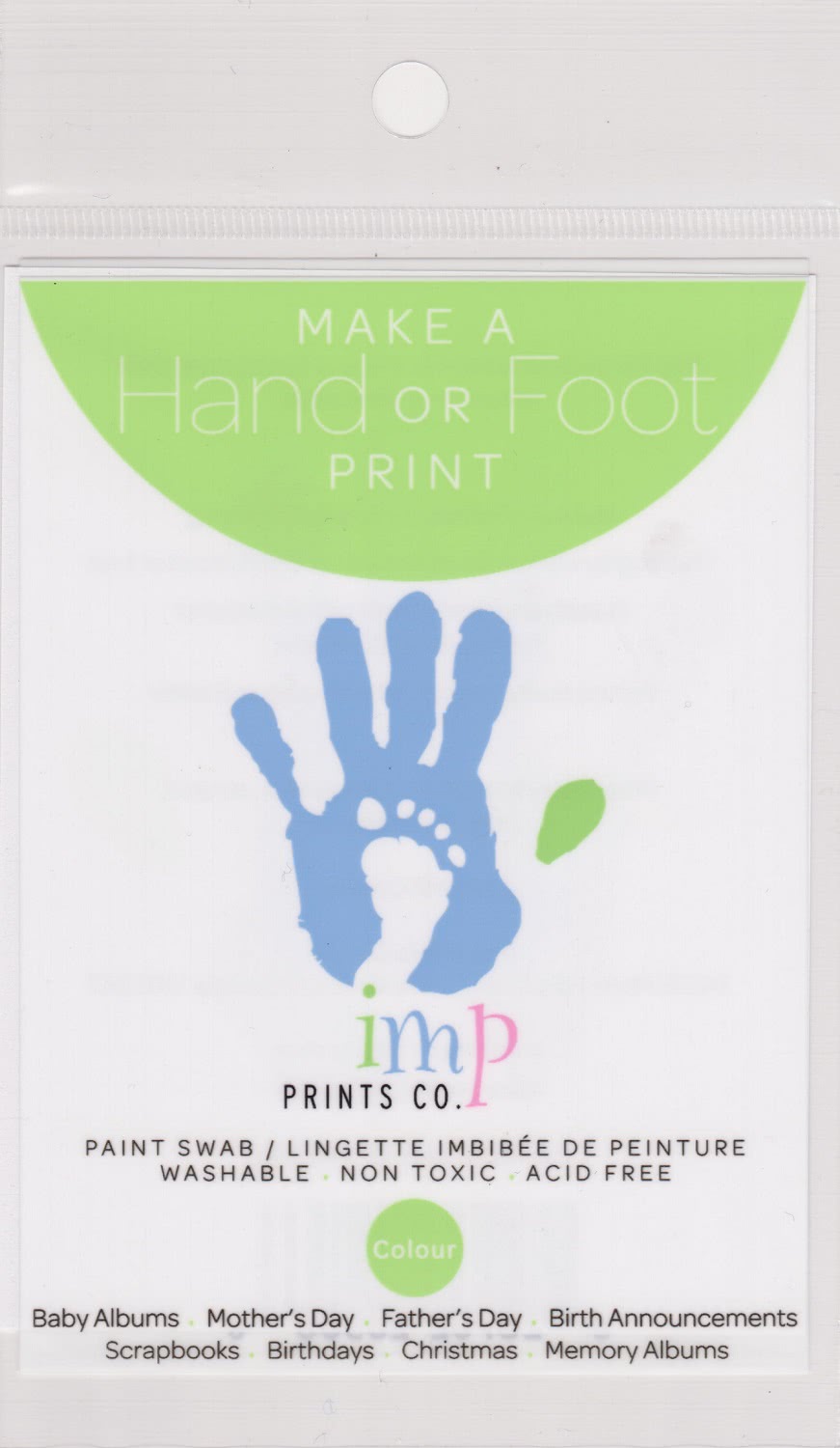 Picture of an Imp Prints co keepsakes for parents paint swab.A plastic pouch printed with "Make a Hand or foot print" Green