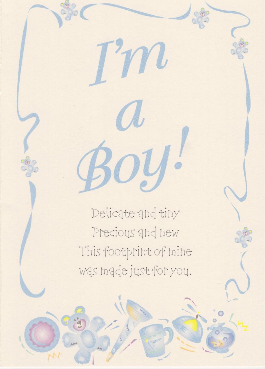 The front of Imp Prints Co keepsakes for parents I'm a Boy Birth Announcement Card. Inside a whimsical purple border it says "I'm a Boy!" Underneath is a poem "Our precious baby, Delicate and tiny, Precious and new, This footprint of mine was made just for you