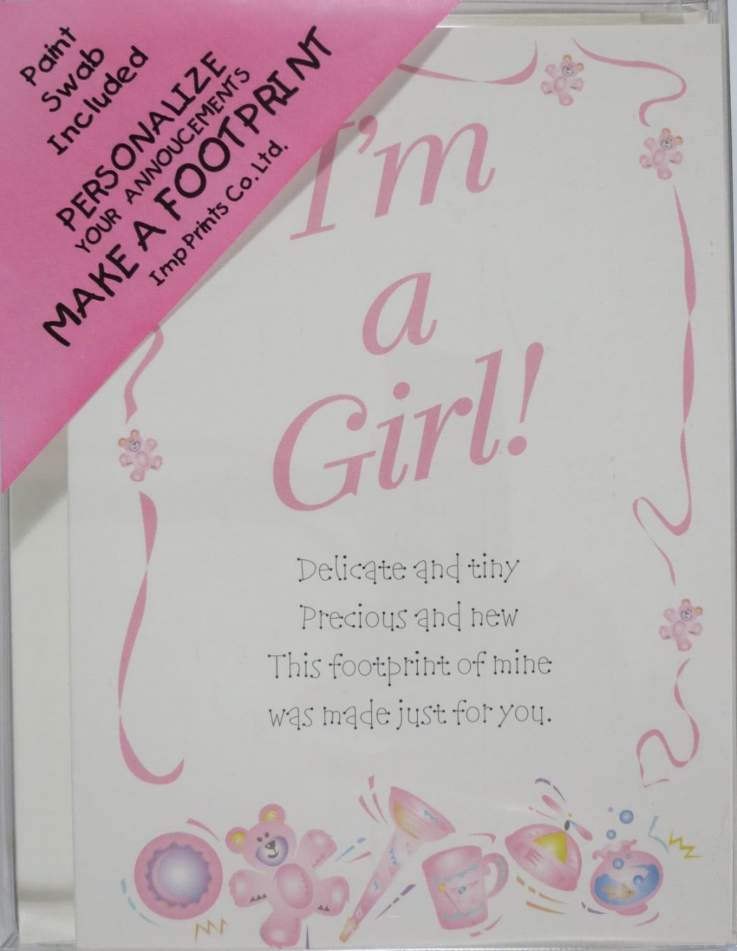 Plastic box containing Imp Prints Co Announcement Cards for Girls. Inside a whimsical purple border it says "I'm a Girl!" Underneath is a poem "Our precious baby, Delicate and tiny, Precious and new, This footprint of mine was made just for you