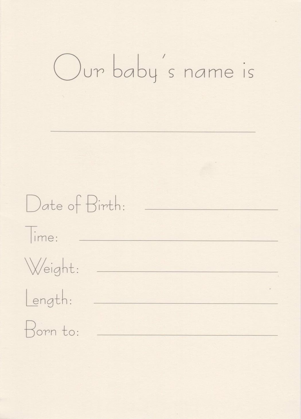 Inside of Imp Prints Co keepsakes for parents Angel Birth Announcement Card, has lines for nome, date of birth, time, weight, length, born to