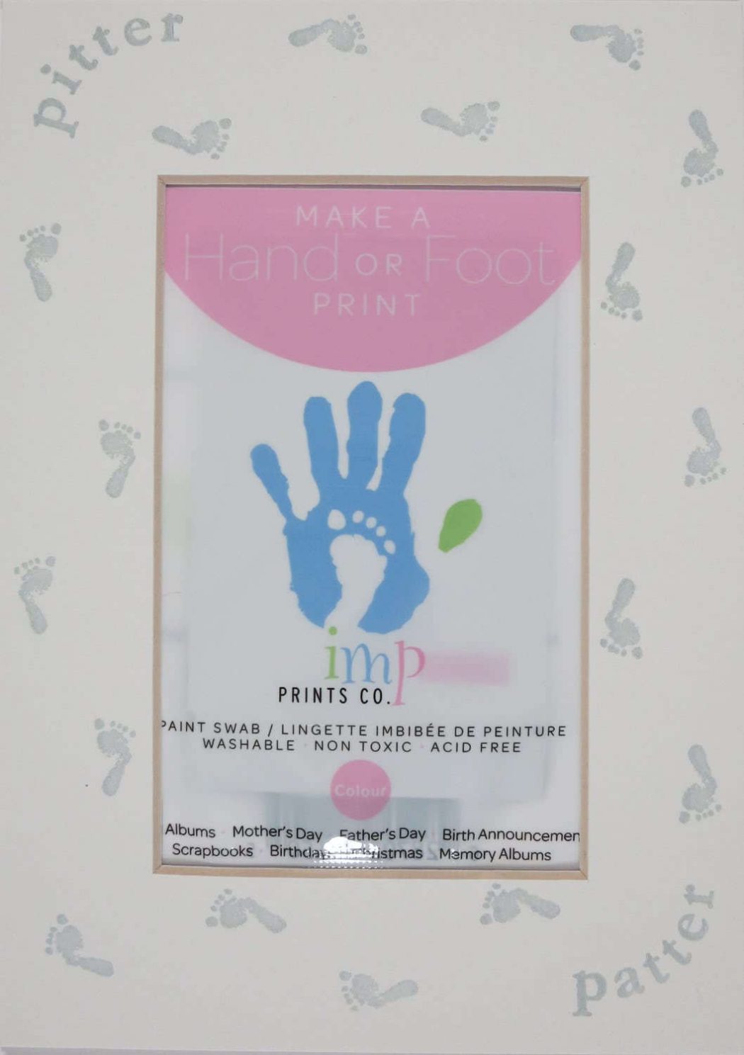 Imp Prints Co keepsakes for parents Footprint Matt, Printed with little footprints around the opening, including the included pink paint swab