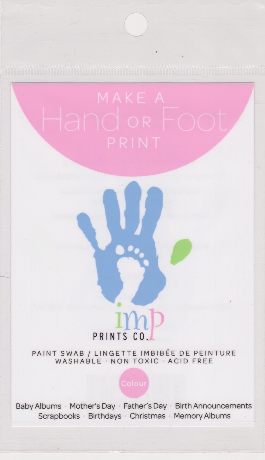 Picture of an Imp Prints co keepsakes for parents paint swab.A plastic pouch printed with "Make a Hand or foot print" Pink