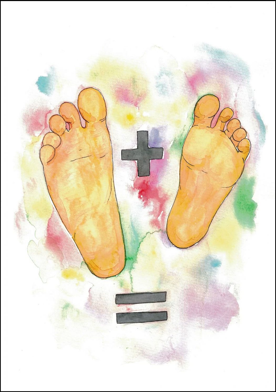 Front of Imp Prints Co keepsakes for parents Card colour drawing of a man's foot, a plus sign, a lady's foot and the equals sign. Face de la cad d'une femme et le signe égal faire des souvenirs pour les parents