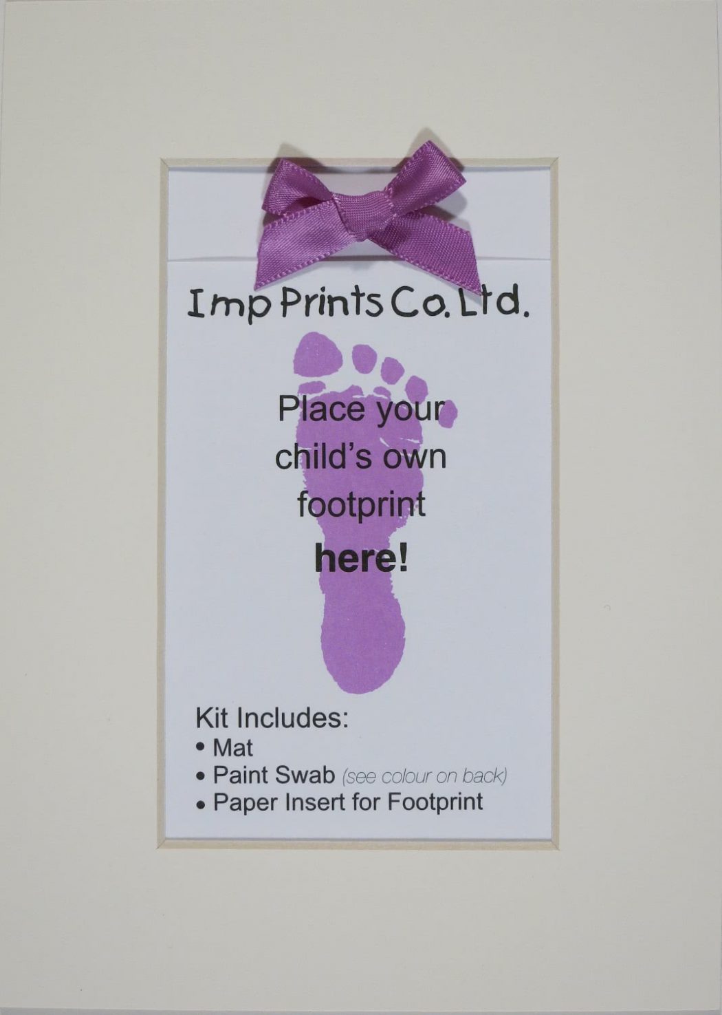 Imp Prints Co keepsakes for parents Plain Ivory Mat with a purple bow on the paper near the top. An insert with an image of a purple footprint says "Place your child's own footprint here, kit includes Mat, Paint Swab, Paper