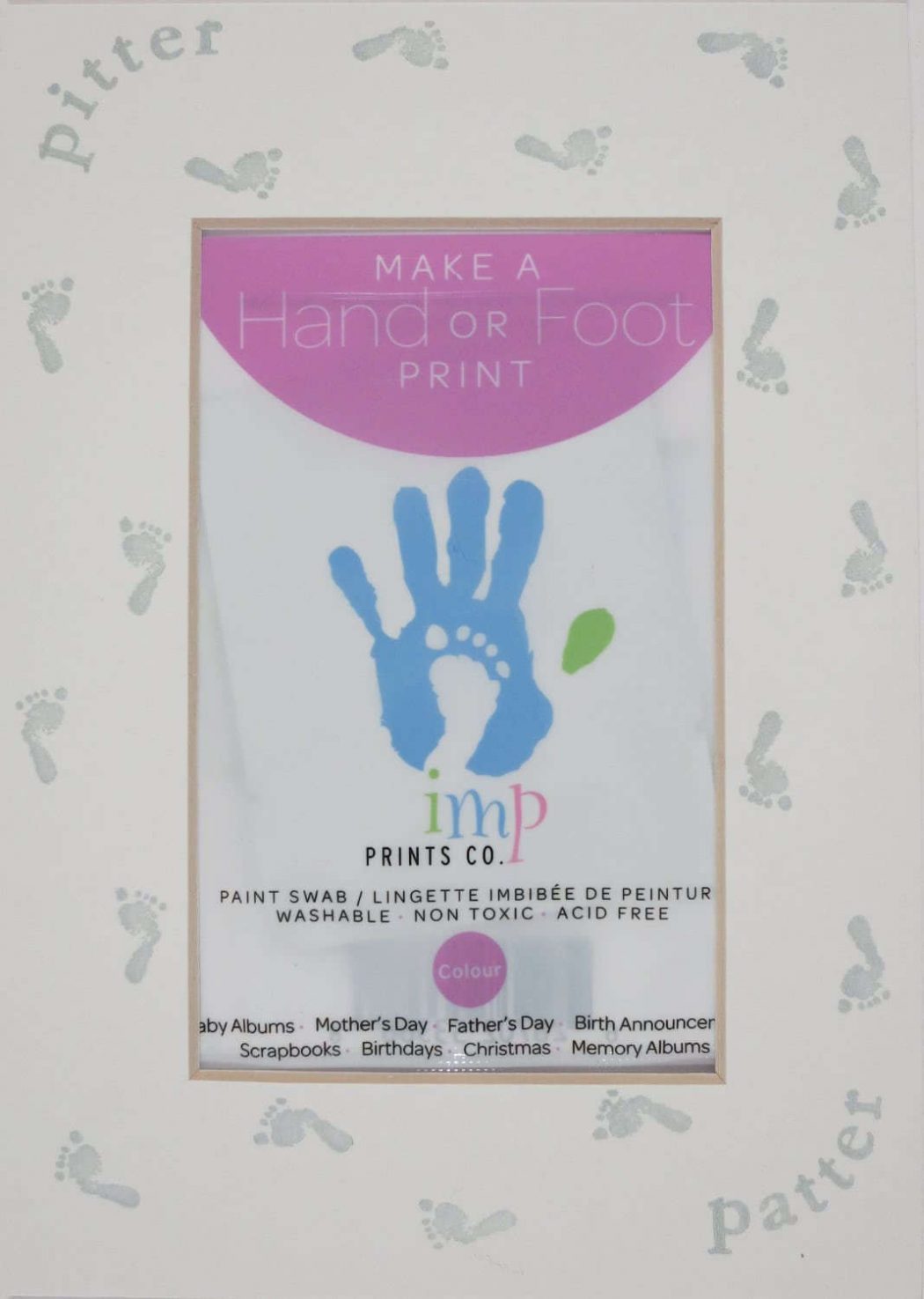 Imp Prints Co keepsakes for parents Footprint Matt, Printed with little footprints around the opening, including the included purple paint swab