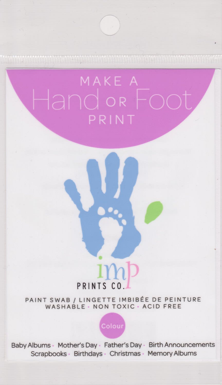 Picture of an Imp Prints co keepsakes for parents paint swab.A plastic pouch printed with "Make a Hand or foot print" Purple