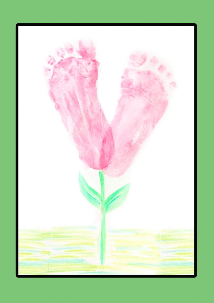 handprint footprint pink flowers with the stem and leaves in pencil crayon